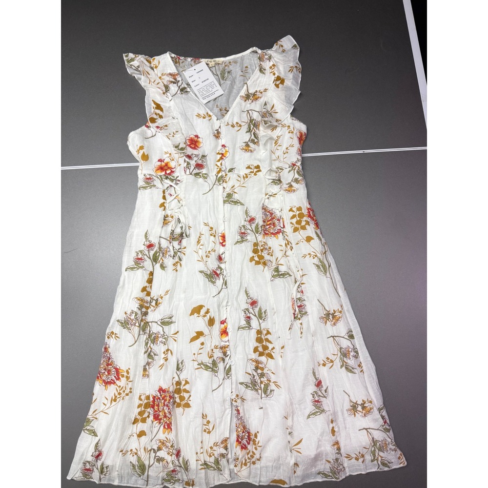 Kings Road Floral Ruffle Midi Dress White Mustard Corset Side cottagecore L NEW